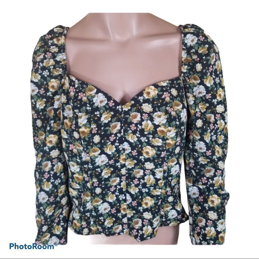 NEW Topshop black floral puff long sleeves crop top 4